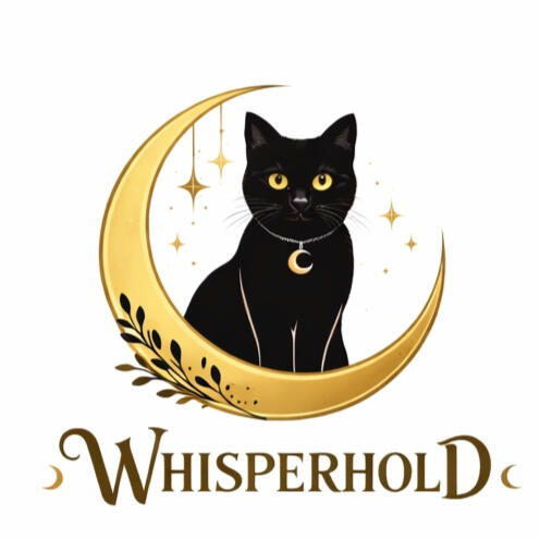 WhisperHold logo WhisperHold logo of black cat in a crescent moon with WhisperHold text underneath